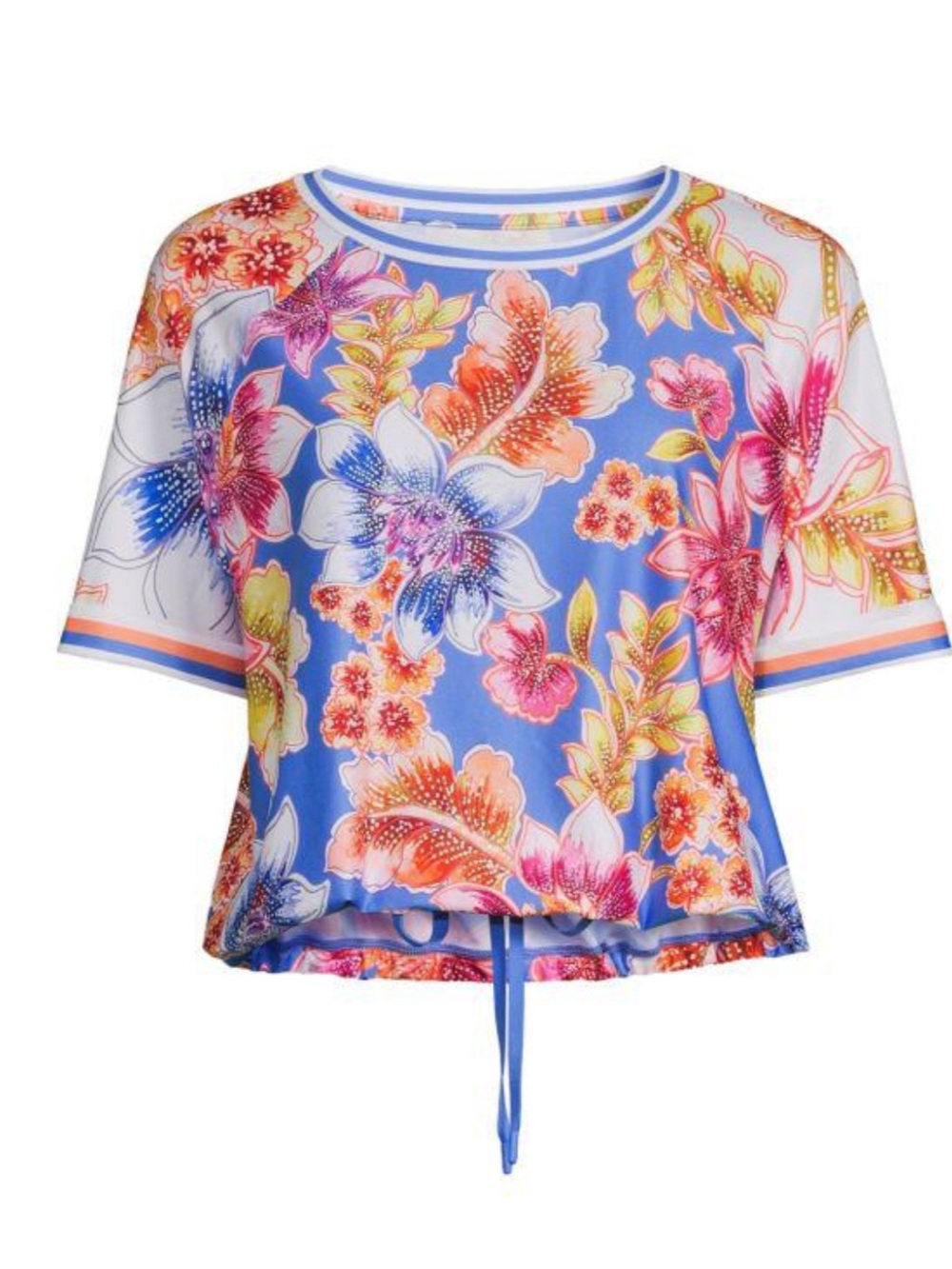 Johnny Was Bee Active Leilah Blue Floral Top Short Sleeve Drawstring Top Medium